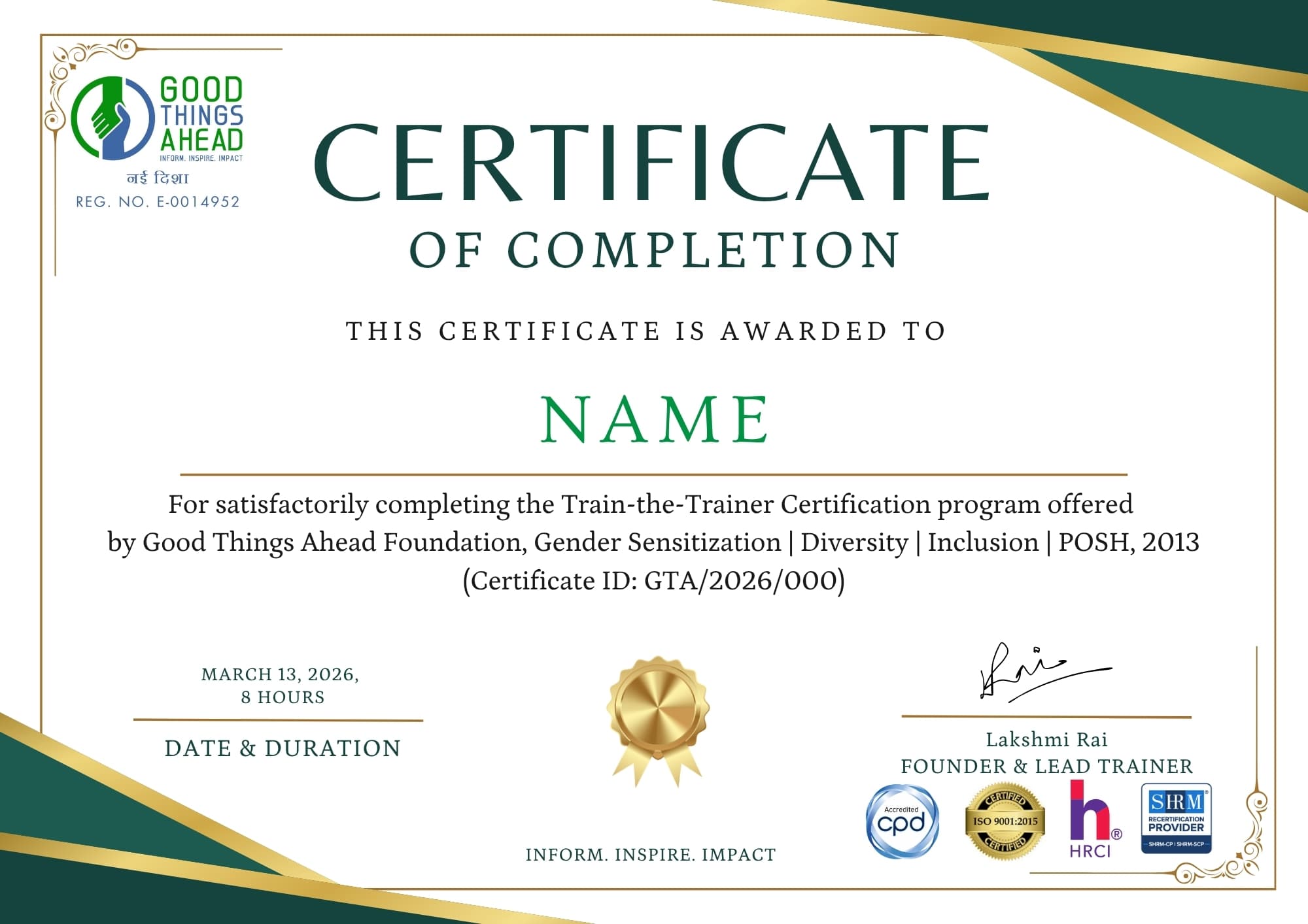 Good Things Ahead Foundation Train-the-Trainer Certificate of Completion