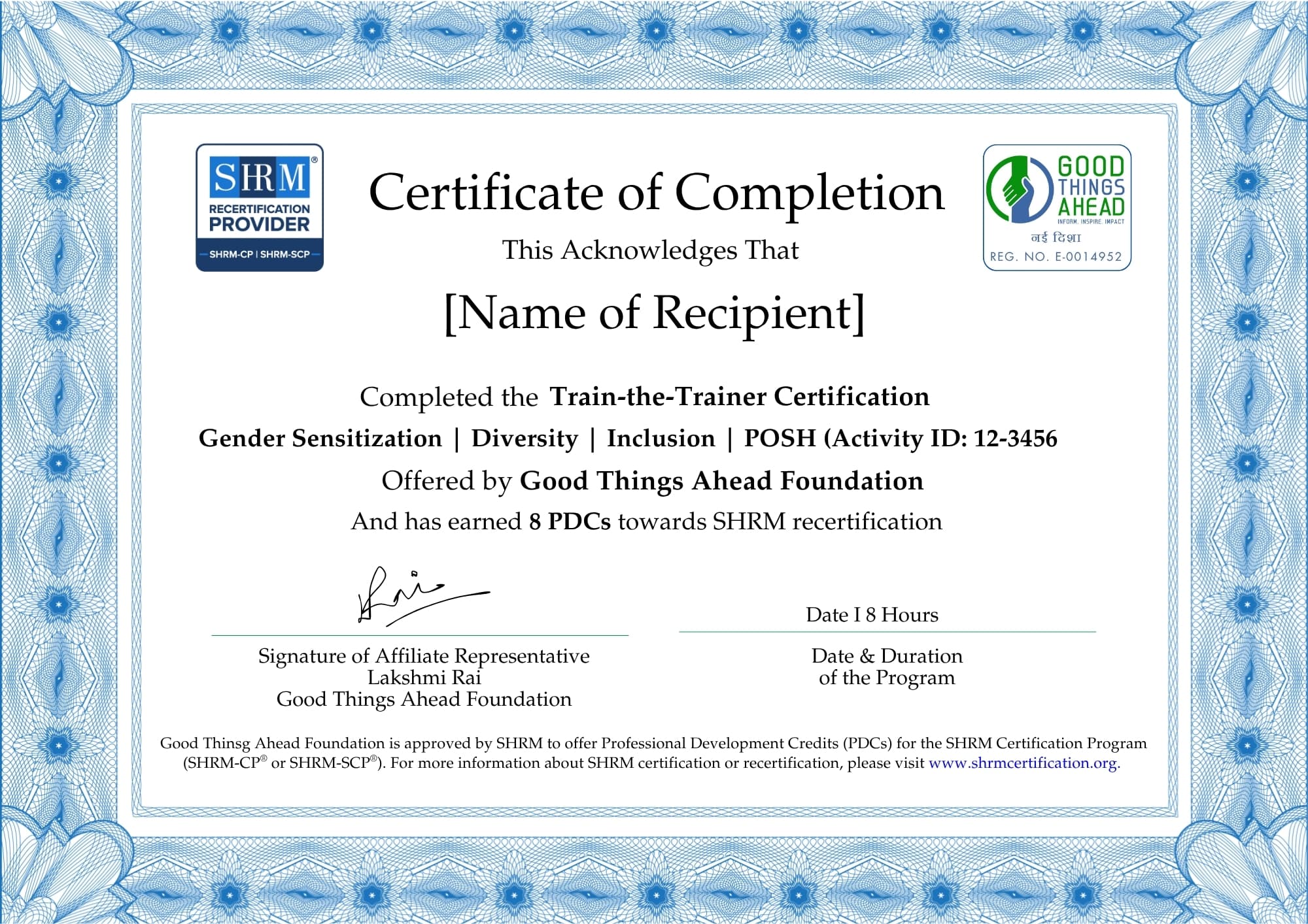 SHRM Recertification Provider Certificate of Completion awarding 8 PDCs